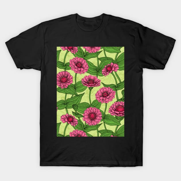 Pink Zinnias on light green T-Shirt by katerinamk